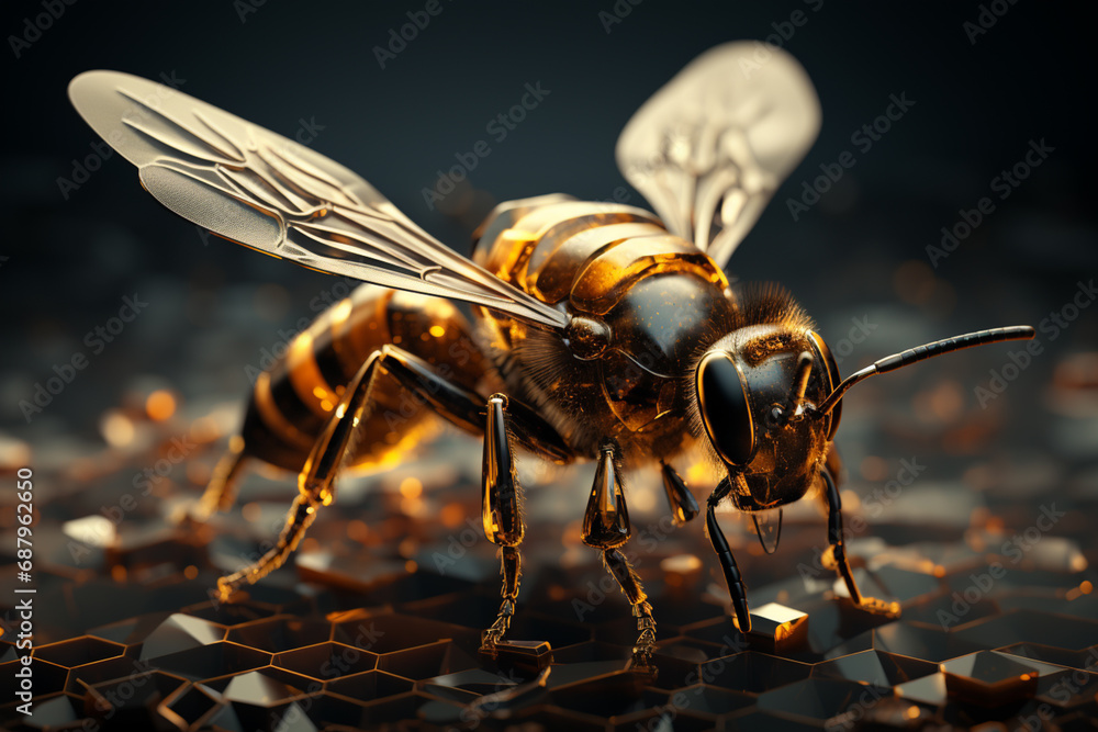 Aufkleber a dynamic illustration of a cubic bee in mid-flight, its intricate wings and striped body reimagined