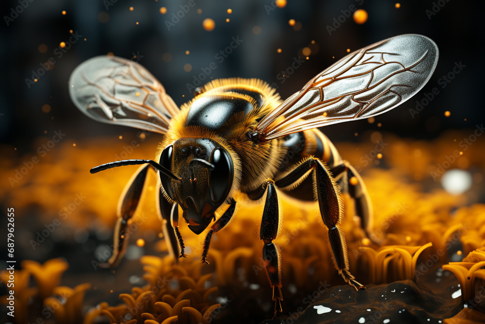 Poster a dynamic illustration of a cubic bee in mid-flight, its intricate wings and striped body reimagined