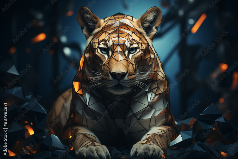 Aufkleber a geometric interpretation of a lioness, her fierce yet graceful form captured through a captivating