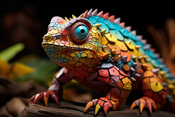 Fototapeta premium A playful depiction of a cubic chameleon, showcasing its ability to blend into its surroundings through a colorful and geometric camouflage.