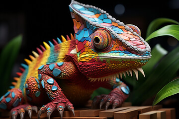 A playful depiction of a cubic chameleon, showcasing its ability to blend into its surroundings through a colorful and geometric camouflage.