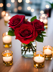 Detailed cozy atmosphere with hearts champagne roses. - 687962699