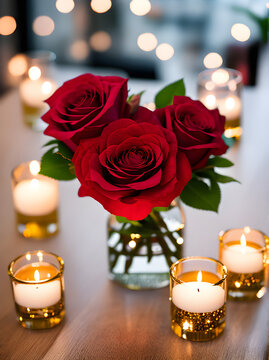 Detailed cozy atmosphere with hearts champagne roses.