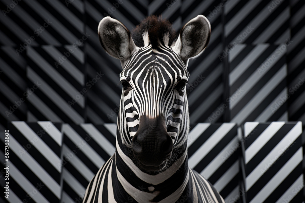 Poster a vibrant depiction of a cubic zebra, its iconic black and white stripes reimagined through a visual