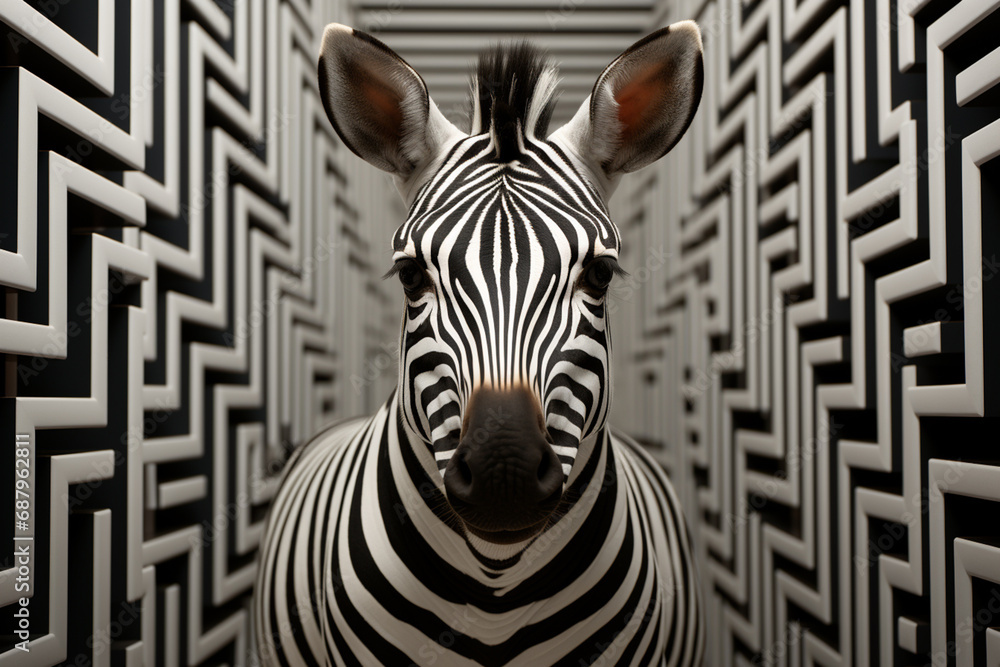 Poster a vibrant depiction of a cubic zebra, its iconic black and white stripes reimagined through a visual