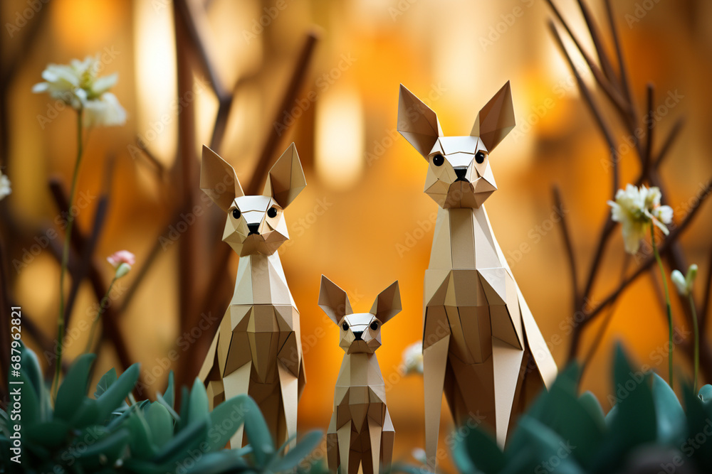 Poster an artistic representation of a cubic kangaroo family, their hopping poses and unique silhouettes re