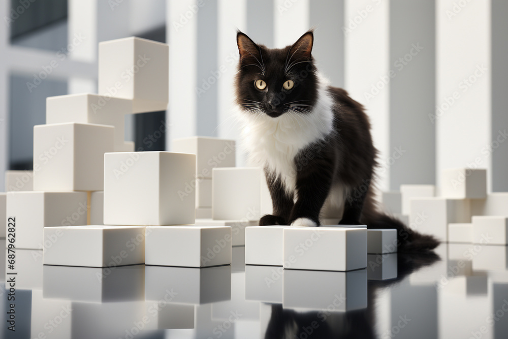 Poster A playful depiction of a cubic cat, its sleek and agile form brought to life through a delightful composition of geometric elements.