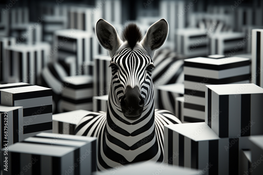 Poster a vibrant depiction of a cubic zebra, its iconic black and white stripes reimagined through a visual