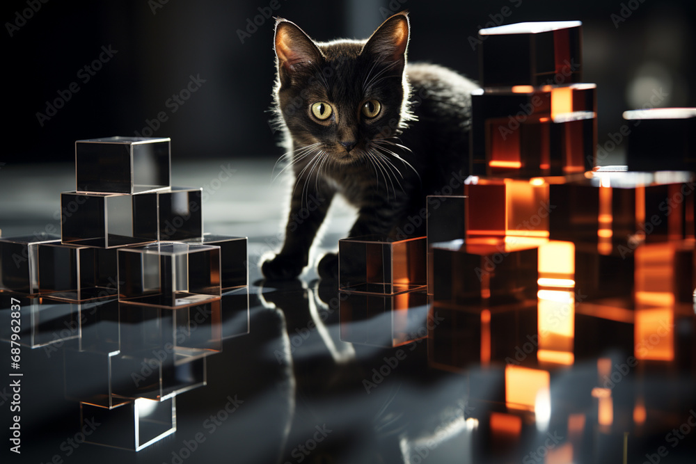 Poster a playful depiction of a cubic cat, its sleek and agile form brought to life through a delightful co