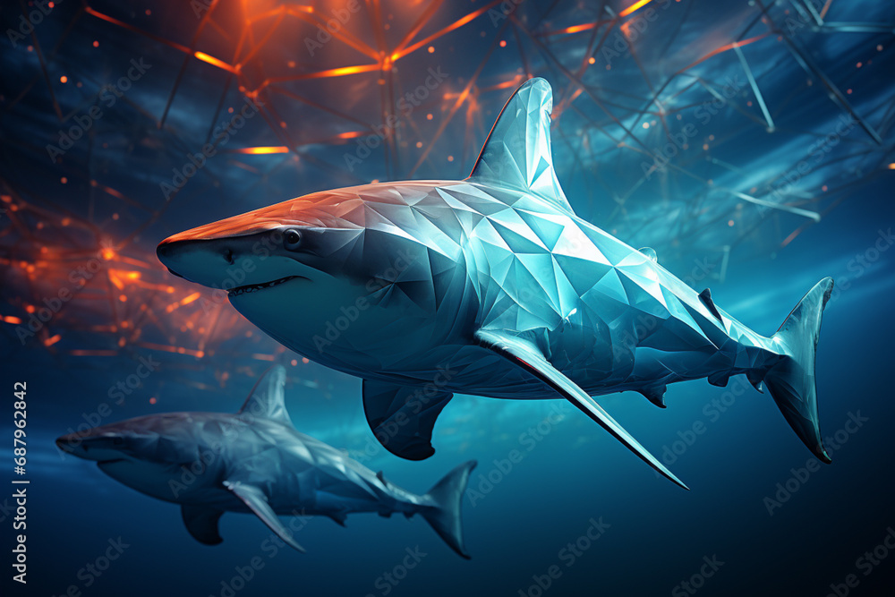 Aufkleber A digital artwork featuring a cubic dolphin pod, their graceful forms and synchronized movements captured through a harmonious blend of geometric shapes.