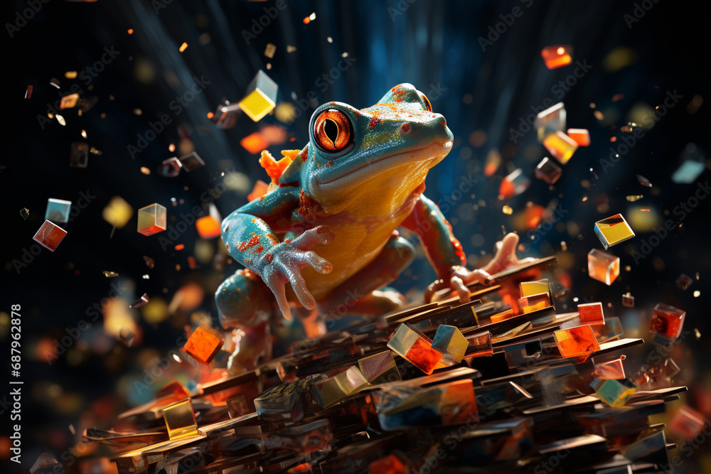 Aufkleber a dynamic illustration of a cubic frog, its leaping pose and amphibious charm captured through a str