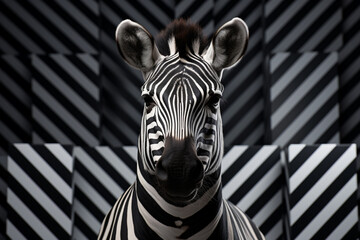 A vibrant depiction of a cubic zebra, its iconic black and white stripes reimagined through a visually engaging combination of geometric patterns.