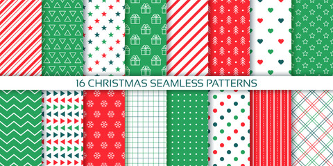Xmas backgrounds. Christmas seamless pattern. New year packing paper with polka dot, candy cane stripes, stripes and spirals. Collection festive textures. Red green textile prints. Vector illustration