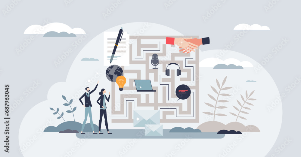 Poster challenges and complexities of business communication tiny person concept. agreement or deal closure