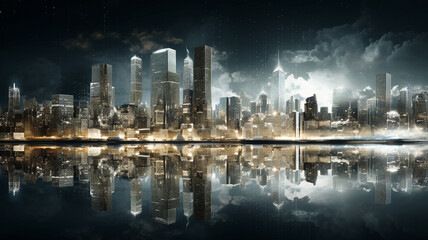Cityscape with buildings made entirely of reflective, crystalline structures