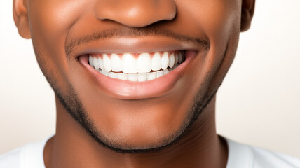 Closeup of smile african american man with white teeth. Dental care, teeth whitening procedure at dentist. Teeth whitening.