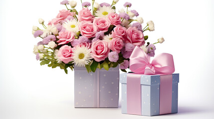 Blue gift boxes with a bouquet of roses flowers on a white background.