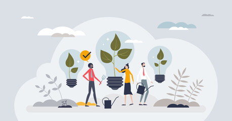 Sustainable innovation and smart ecological business tiny person concept. Green, sustainable and nature friendly company development with innovative investment vector illustration. Growth or progress