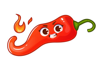 Smiling cartoon red hot pepper character with a flame on a white background.