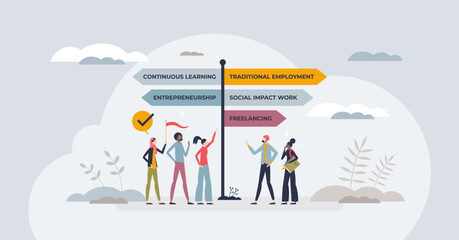 Redefining traditional career paths for Gen Z occupations tiny person concept. New approach to find professional future goals vector illustration. Continuous learning and entrepreneurship model.