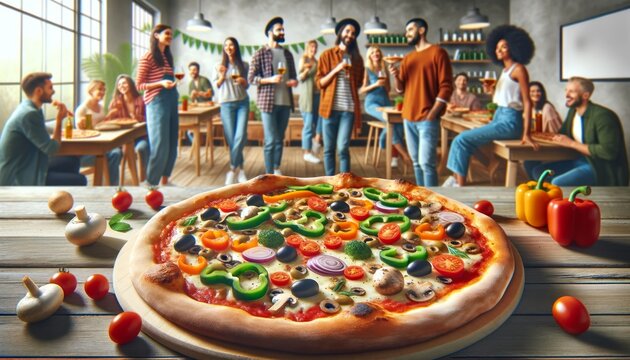 A spacious landscape-oriented image displaying a veggie pizza in the foreground with a diverse group of people enjoying it in the background