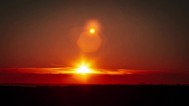 Sunset in orange sky with soft clouds, Timelapse. 4K. Bright sun setting down above the horizon. Vibrant color. Time-lapse. Sundown, Cloudscape
