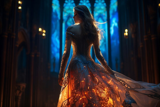 A gorgeous princess with stunning dress at night.