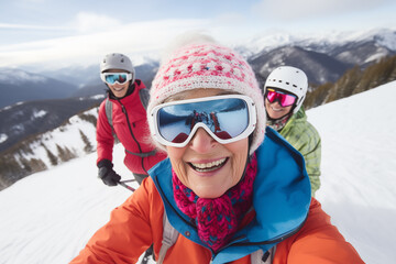 Fototapeta na wymiar Winter sport happy middle age woman selfie portrait on snow mountains landscape