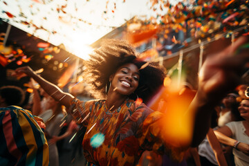 Woman smile happy portrait in carnival street parade, colorful streamers sparkles and confetti, afroamerican people - obrazy, fototapety, plakaty