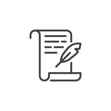 Quill pen and paper scroll line icon