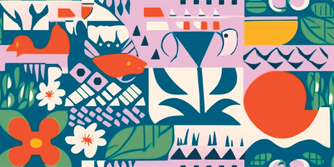 Obraz premium Abstract seamless geometric shapes vector background. Repeating contemporary paper cut shapes background. Modern geometrics pink orange blue modern design for fabric, wrapping, wallpaper.