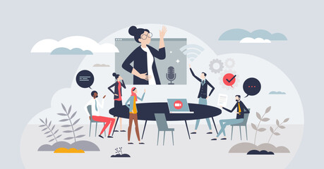 Effective communication or collaboration in business team tiny person concept. Company strategy planning and brainstorm meeting with colleagues vector illustration. Professional group cooperation. - obrazy, fototapety, plakaty