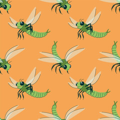 Seamless vector illustration. Pattern with flying cute dragonfly