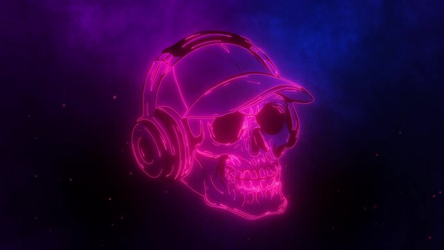 Skull wearing headphones neon video