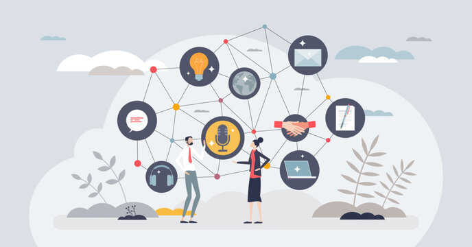 Communication network and business contact connections tiny person concept. Use various communication channels for agreement discussion and corporate sale or deal closure vector illustration.