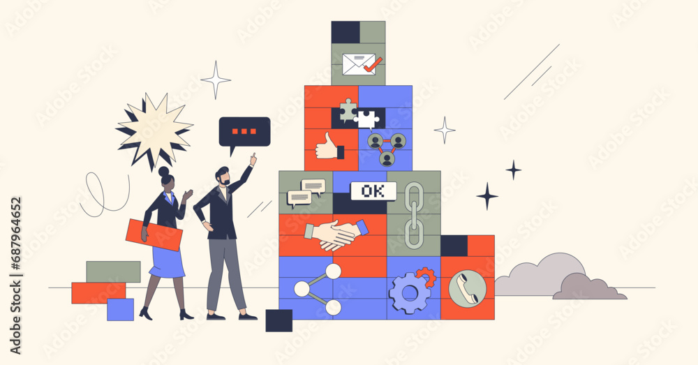 Poster building blocks of effective communication in business retro tiny person concept. professional marke