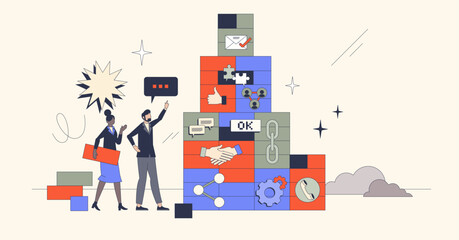 Building blocks of effective communication in business retro tiny person concept. Professional marketing strategy and company interaction with customers for engagement efficiency vector illustration.
