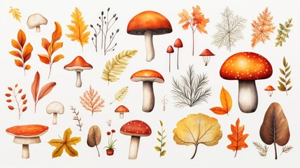 Autumnal array with various mushrooms and fall foliage. Seasonal harvest and botany. - obrazy, fototapety, plakaty
