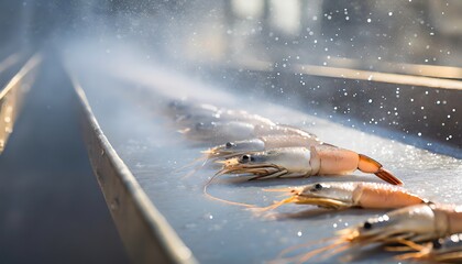Shrimp on production line go through the freezing process. Preparations in food industry....