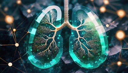 Futuristic depiction of bioengineered lungs with a network background - obrazy, fototapety, plakaty