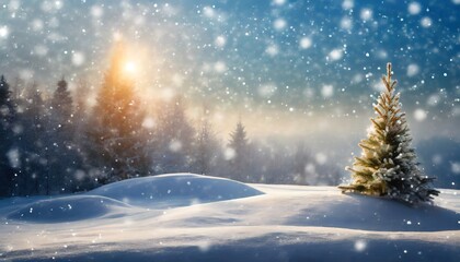 Christmas tree background in winter snowy coniferous forest with fairy landscape. Happy New Year panorama. Sunny weather in cold day.