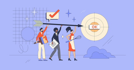 Fototapeta premium Goals and targets success from various occupations retro tiny person concept. Multidisciplinary accomplishment with hard effort, precise objective or perfection vector illustration. Cooperation power