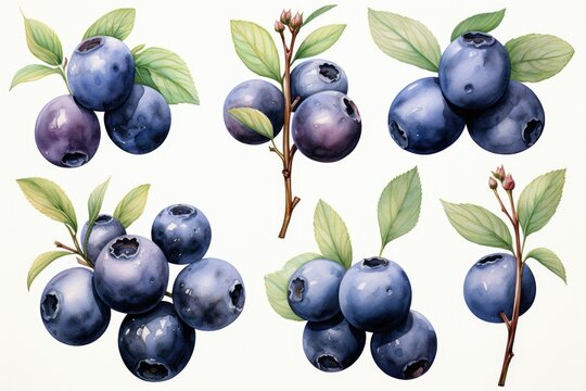 hand drawn watercolor blueberries isolated on white. AI Generated