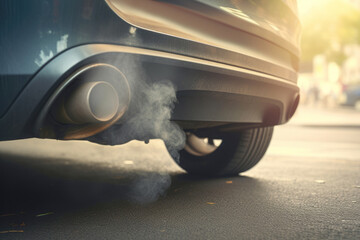 A car's exhaust pipe emitting toxic smoke, illustrating the environmental concern of air pollution caused by vehicle emissions. - obrazy, fototapety, plakaty