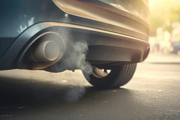Fotobehang A car's exhaust pipe emitting toxic smoke, illustrating the environmental concern of air pollution caused by vehicle emissions. © EdNurg