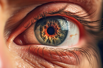 Fototapeta premium Close-up of a senior's eye affected by cataract, revealing details of the iris and skin, emphasizing the challenges of aging vision.
