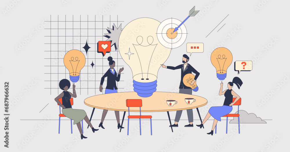 Poster creative brainstorming and new idea generation retro tiny person concept. innovative business meetin