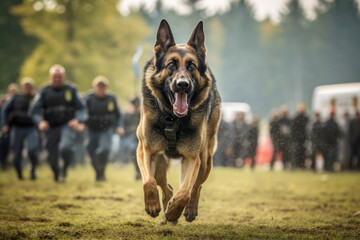 A canine officer sniffing for drugs, showcasing the valuable role of police dogs in law enforcement. - Powered by Adobe