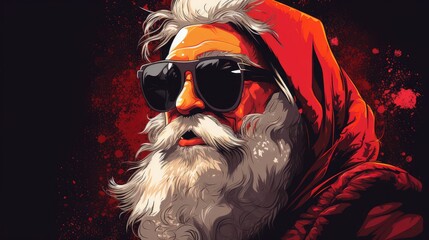 Portrait of a Santa Claus wearing sunglasses and a red costume. Pop art style. Generative AI