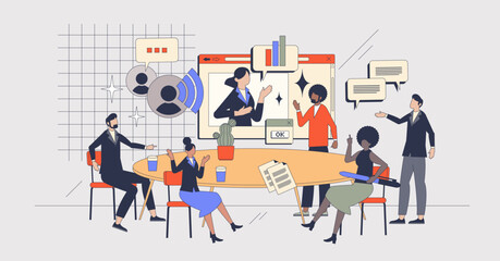 Effective communication or collaboration in business team retro tiny person concept. Company strategy planning and brainstorm meeting with colleagues vector illustration. Professional cooperation